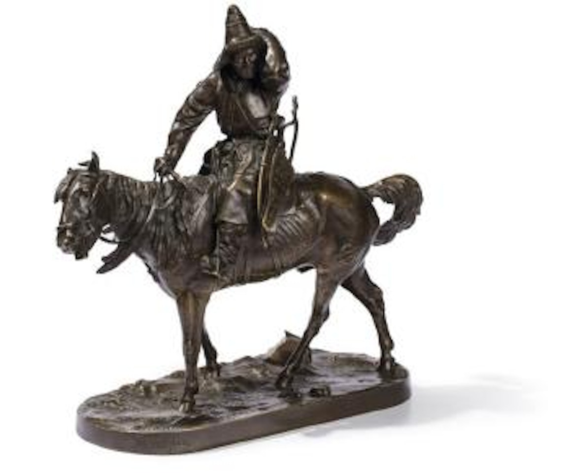 Le bachkir, à cheval, maintient son chapeau contre le vent by Eugene Alexandrovic Lanceray
