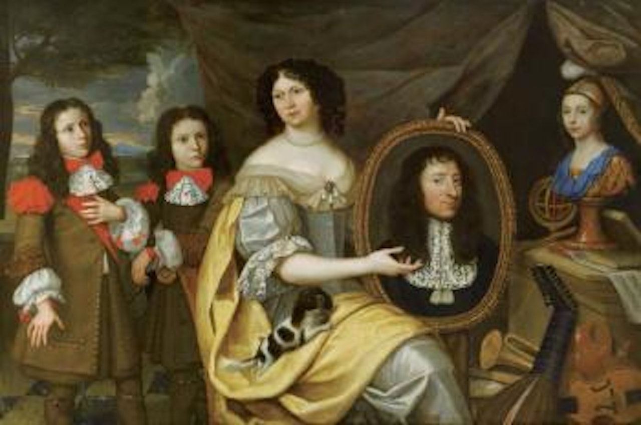 Portrait d'une femme tenant le portrait en médaillon de son mari, avec ses enfants by Pier Francesco Cittadini