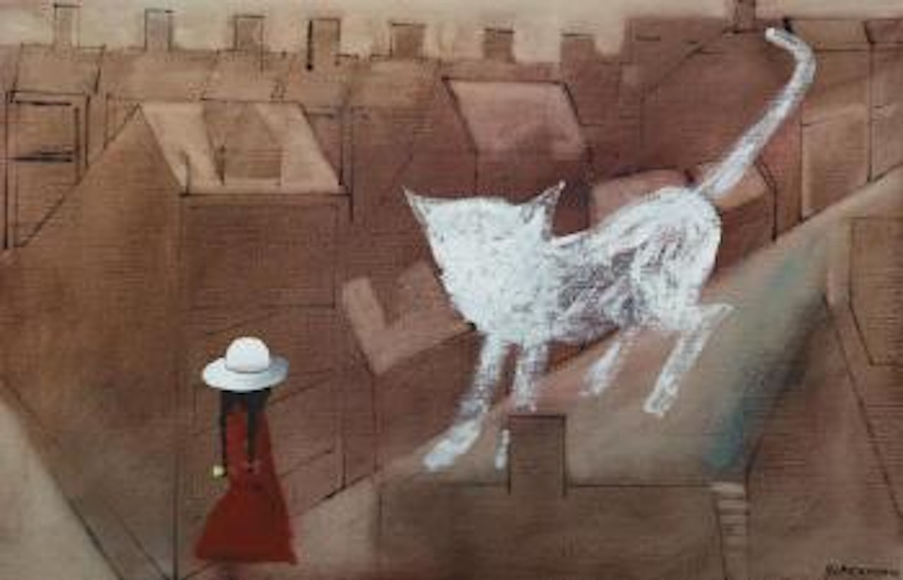 School girl and white cat by Charles Blackman