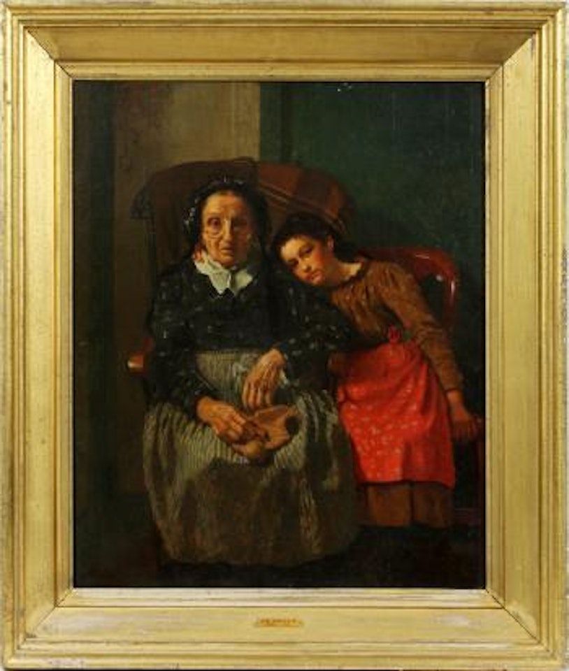 Genre scene depicting grandmother and loving grand daughter by John George Brown