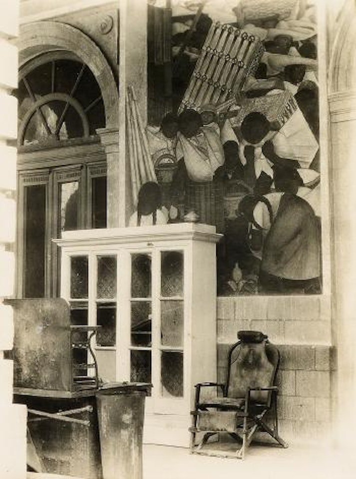 Modernist composition, Mexico City (with Diego Rivera mural) by Tina Modotti
