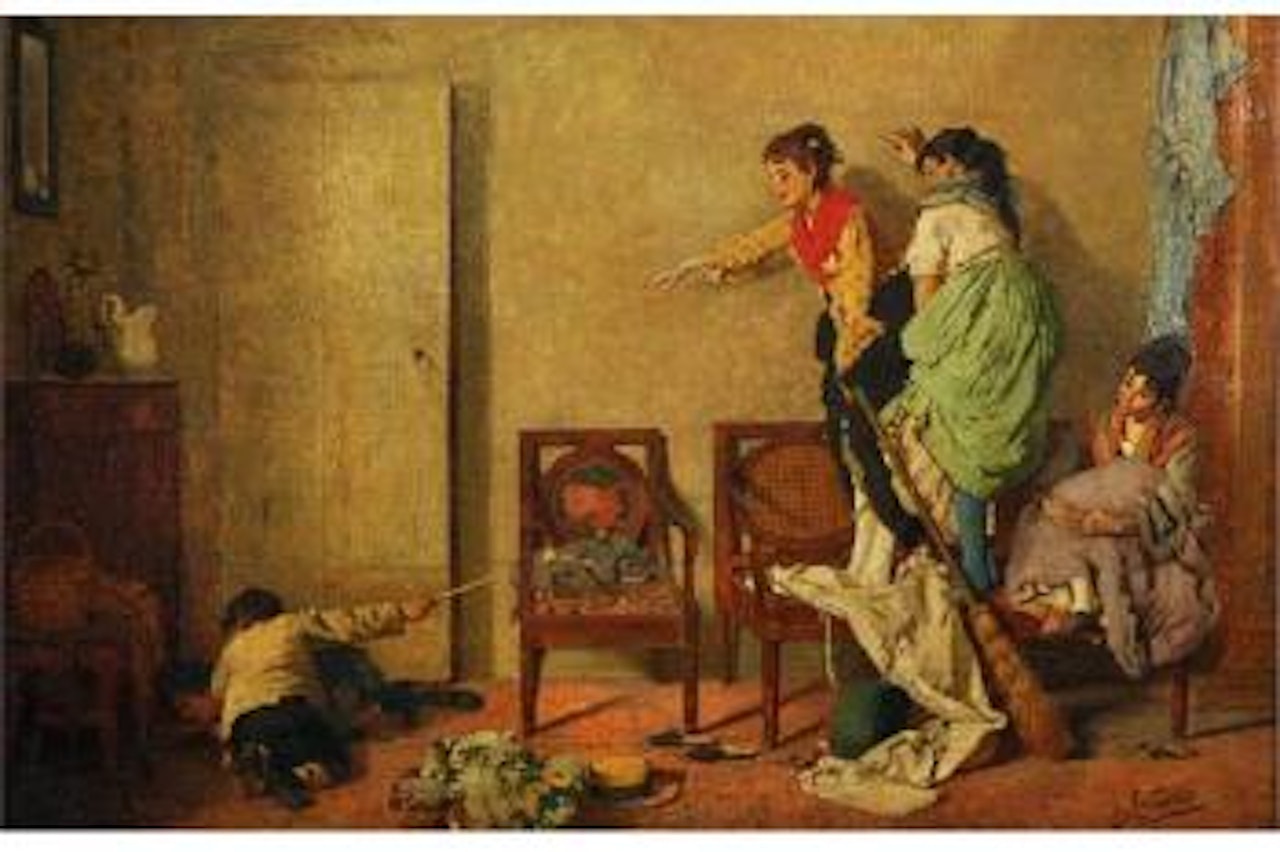 The Mouse Hunt, Two Boys Scrabbling on the floor looking for a Mouse, with Three Girls Standing on Chairs Directing Them by Gaetano Chierici