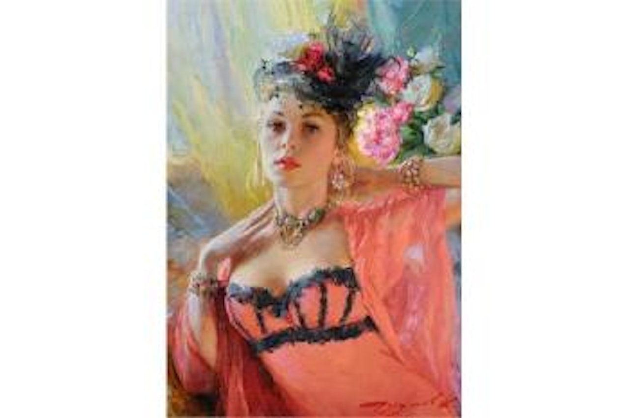 Young Lady in Rose, an Elegant Lady Dressed in Pink, with a Floral Hat by Constantin Razoumov