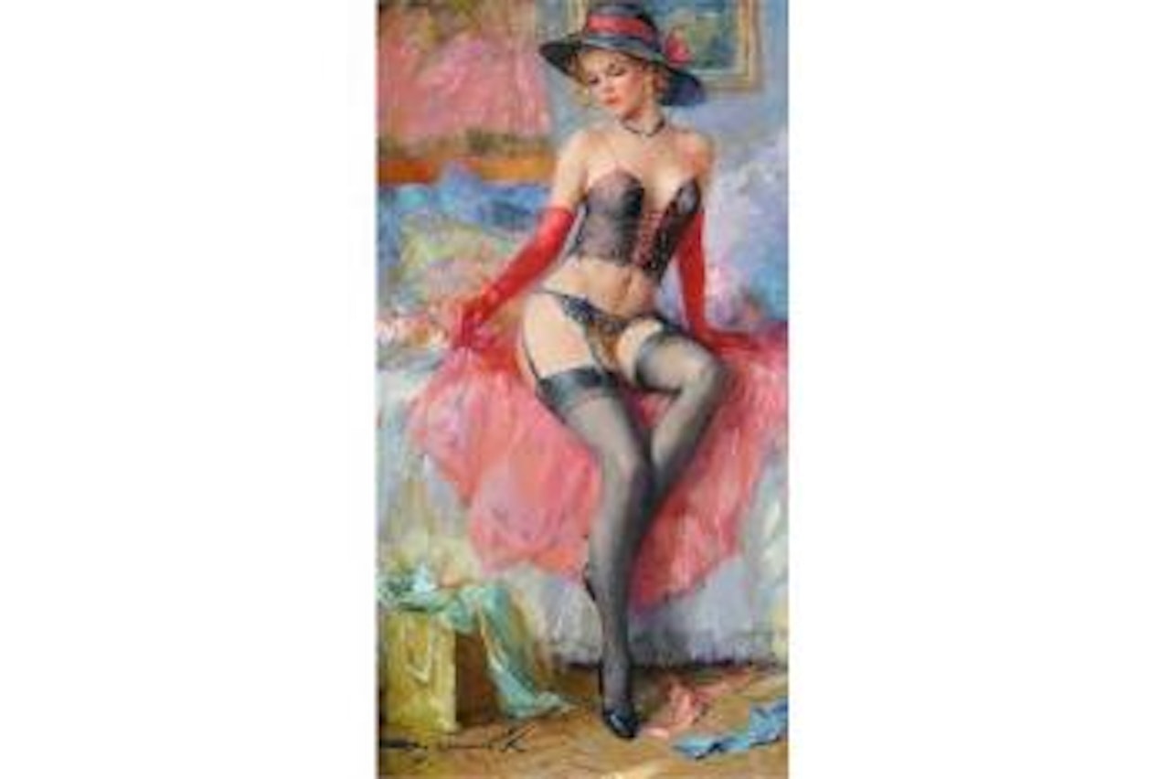Sitting Girl in a Black Hat, a Seated Girl in Stocking and Suspenders by Constantin Razoumov