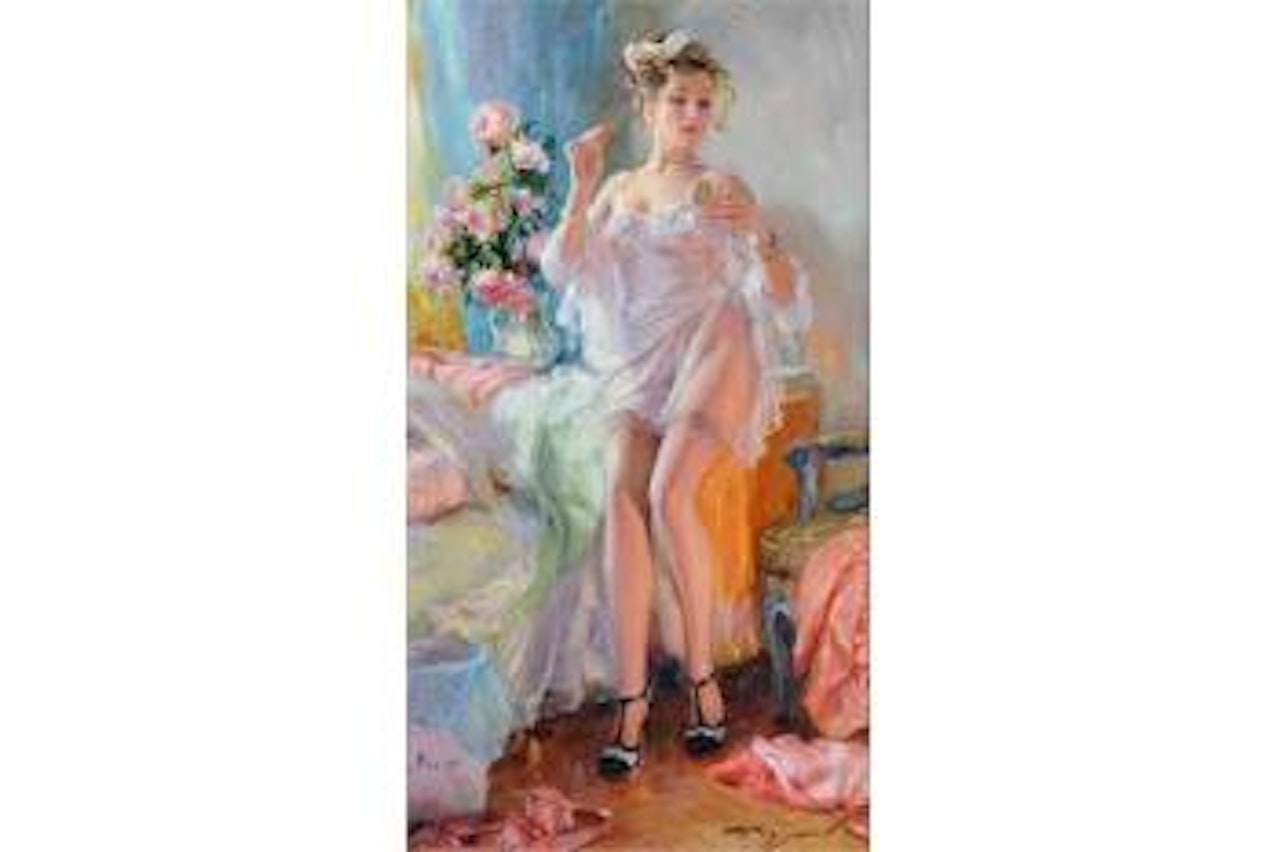 In the Morning, a Semi Naked Girl in her Boudoir by Constantin Razoumov