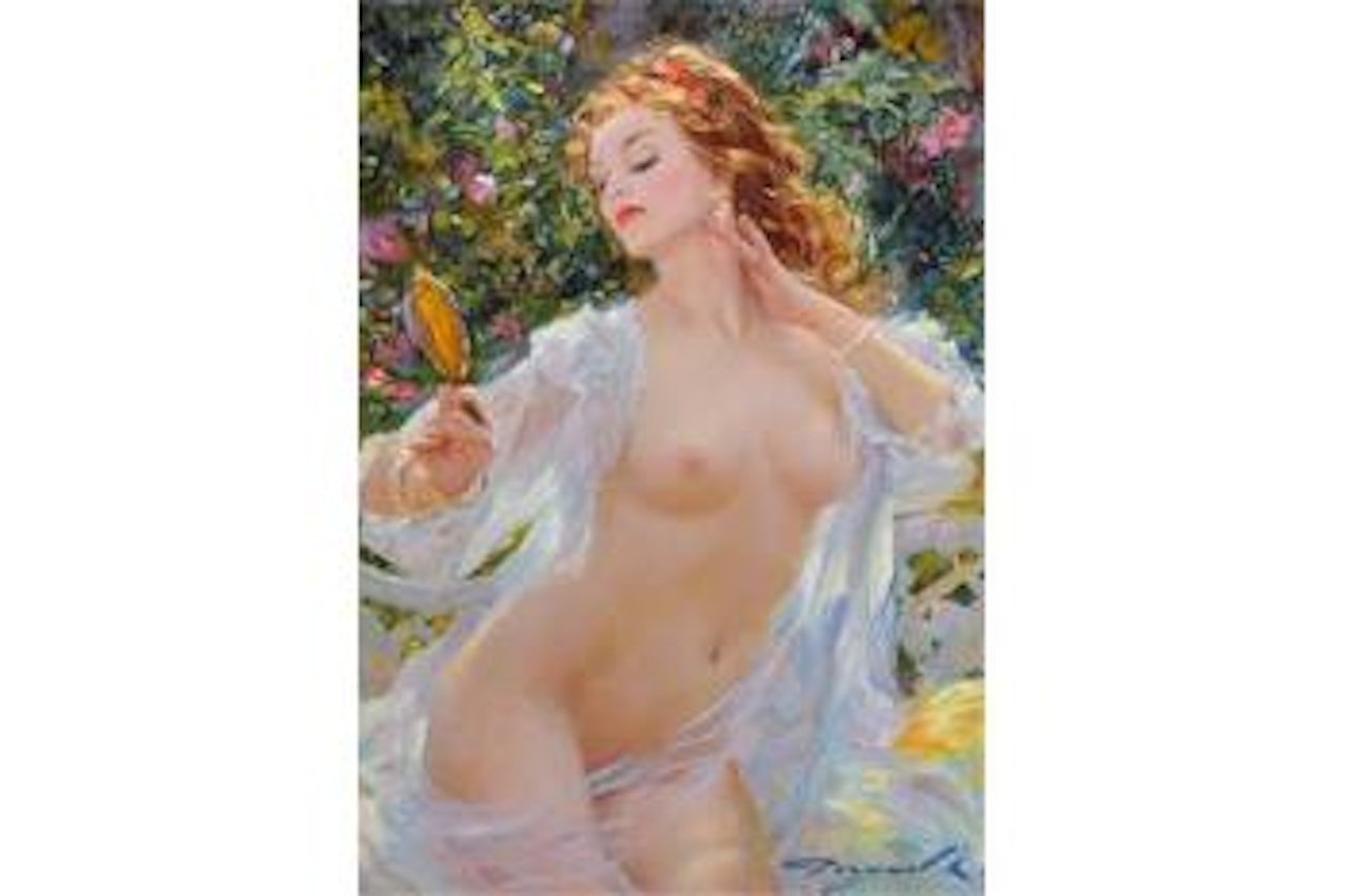 In the Garden, a Naked Lady, Looking in a Mirror by Constantin Razoumov
