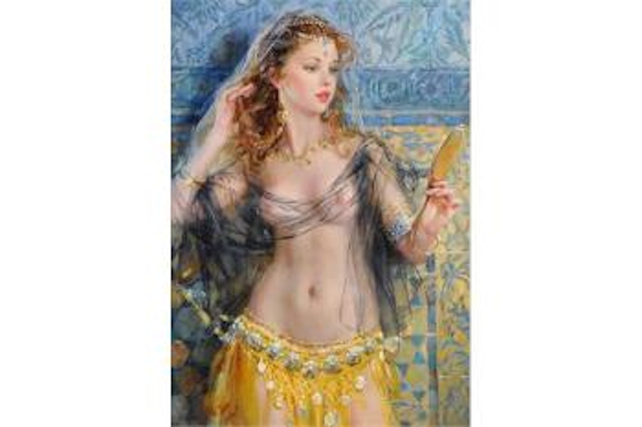 Odalisque with a Mural, a Semi Naked Girl, with a Mirror by Constantin Razoumov