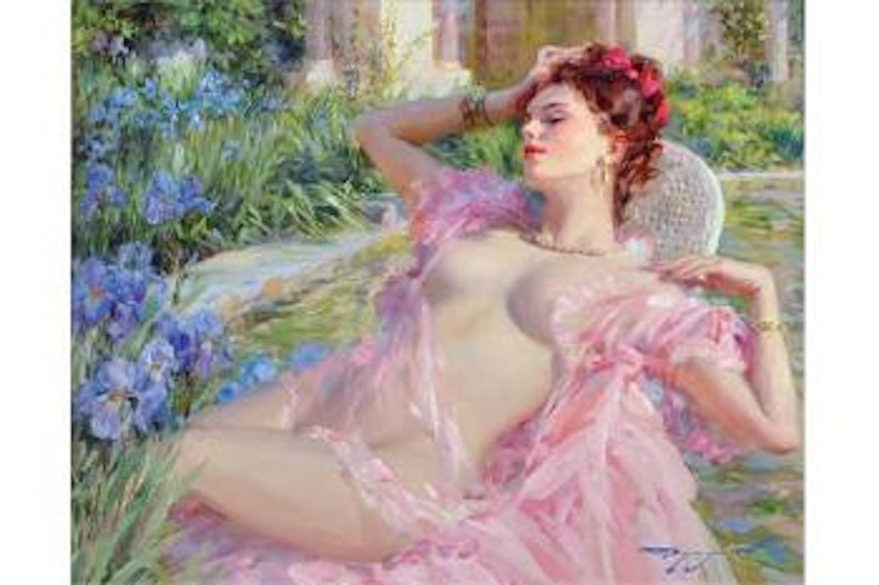 Sleeping, a Semi Naked Girl in a Garden by Constantin Razoumov