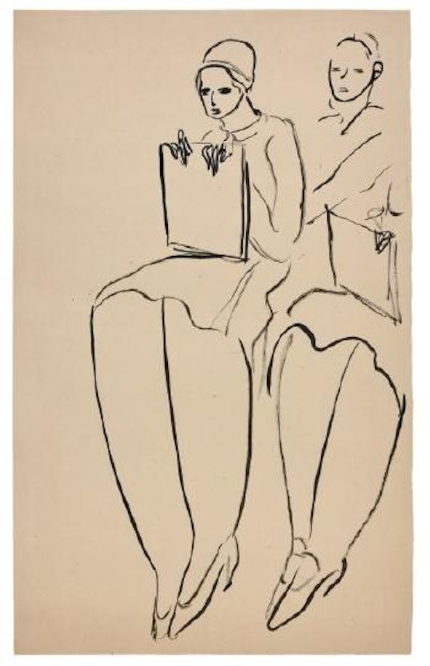 Femmes assises tenant des cartons à dessin by Sanyu