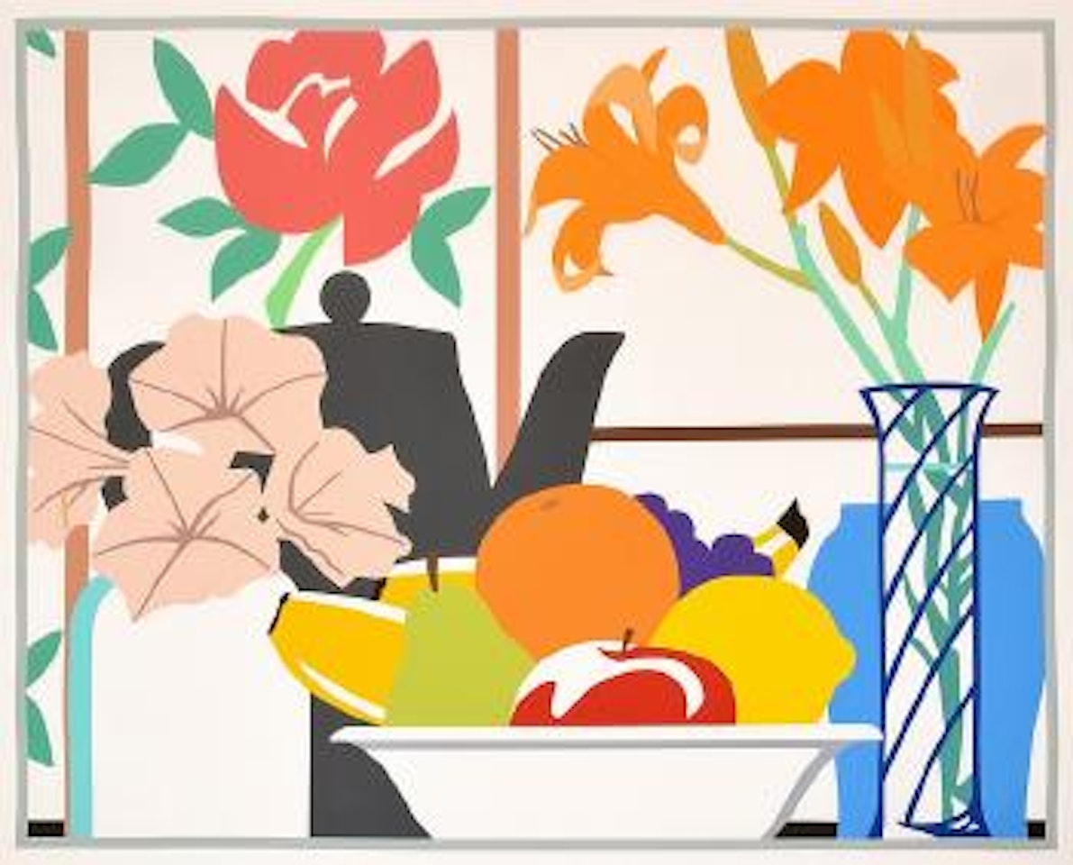 Still life with petunias, lilies and fruit by Tom Wesselmann