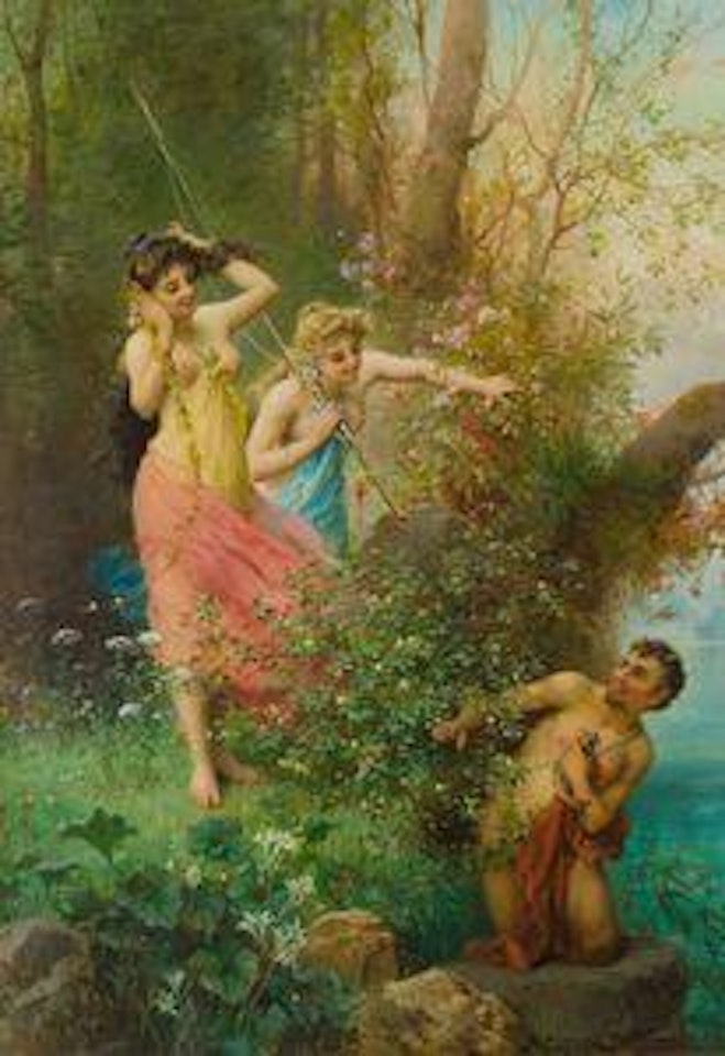 Faun mit Nymphen beim Angeln by Hans Zatzka