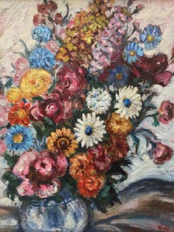 Flowers in a blue and white vase by Georges d’Espagnat