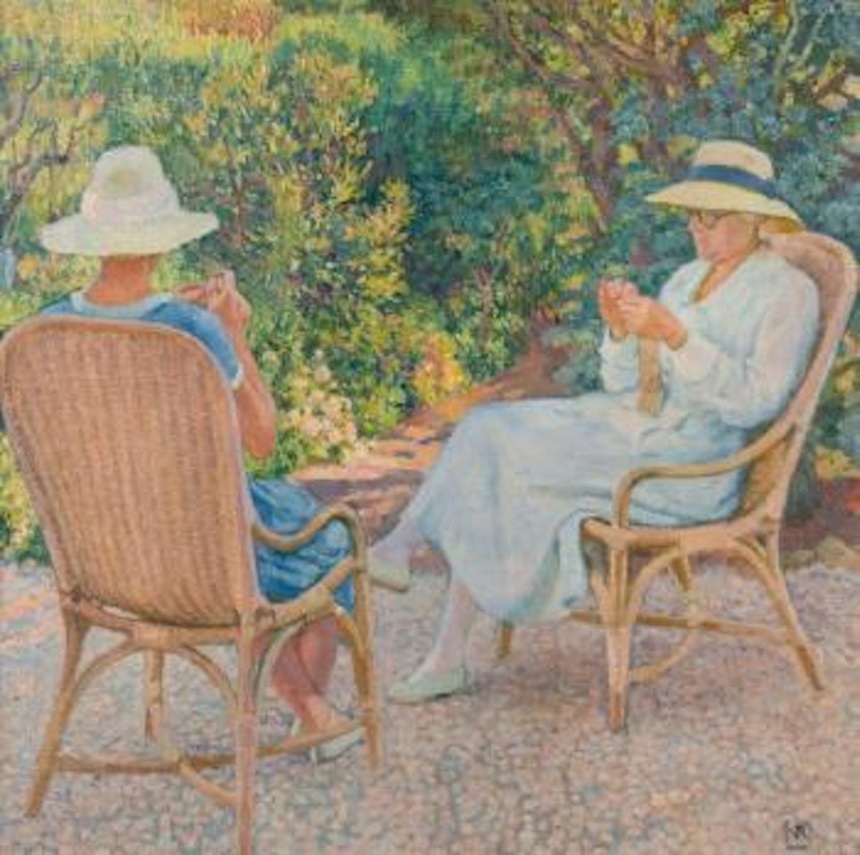 Marie et Elisabeth Van Rysselberghe tricotant au jardin du Lavandou by Theo van Rysselberghe