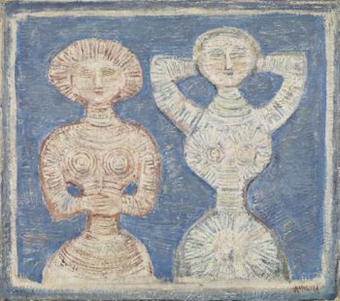 Due figure su fondo blu by Massimo Campigli