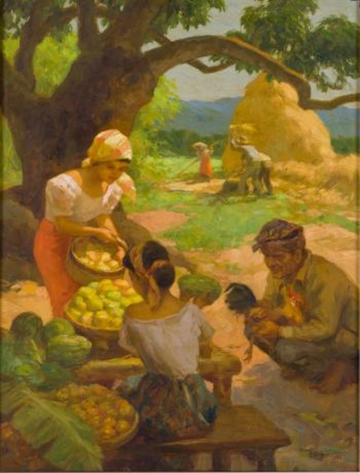 Gathering fruits and farming in the fields by Fernando Amorsolo