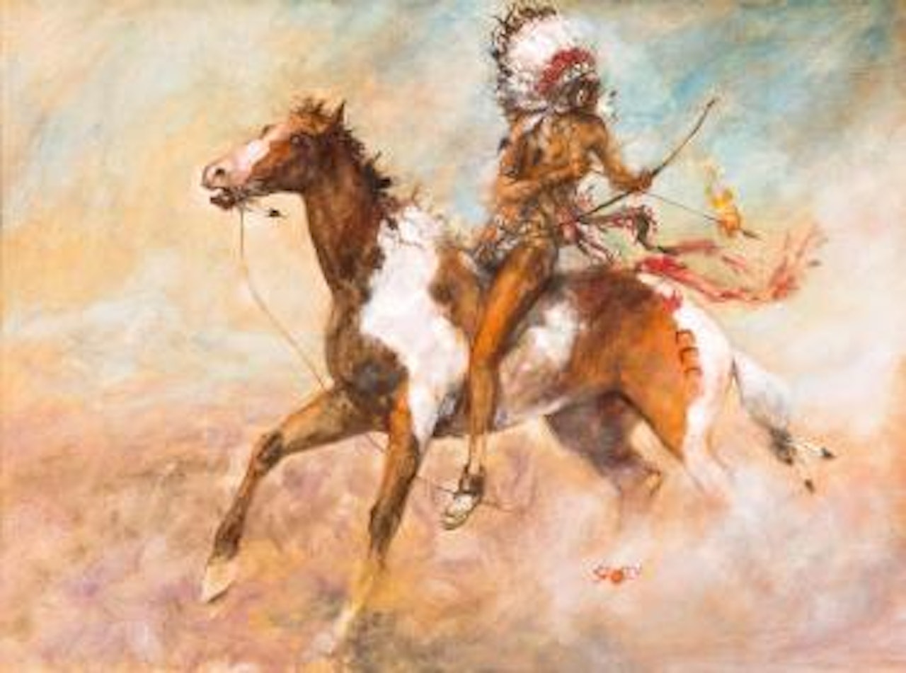 American native on horseback by Hugh Sawrey