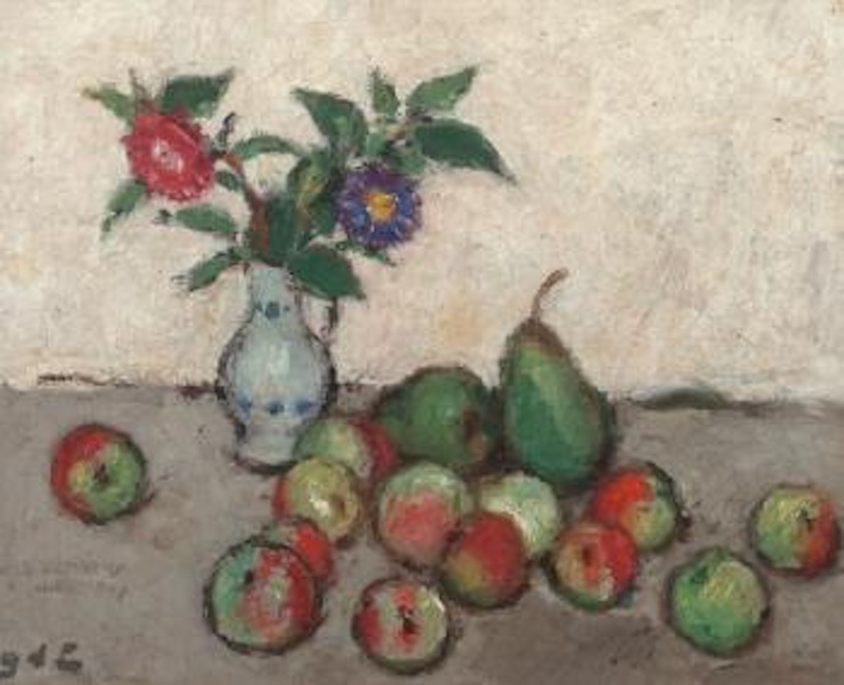 Still life with flowers in a blue and white vase with apples and pears on a table by Georges d’Espagnat