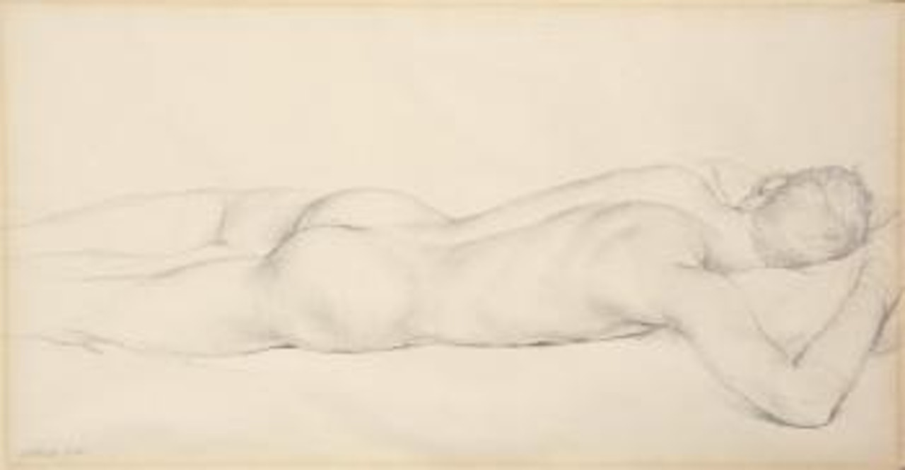 Reclining male nude, back view, with wrapped hands by Paul Cadmus