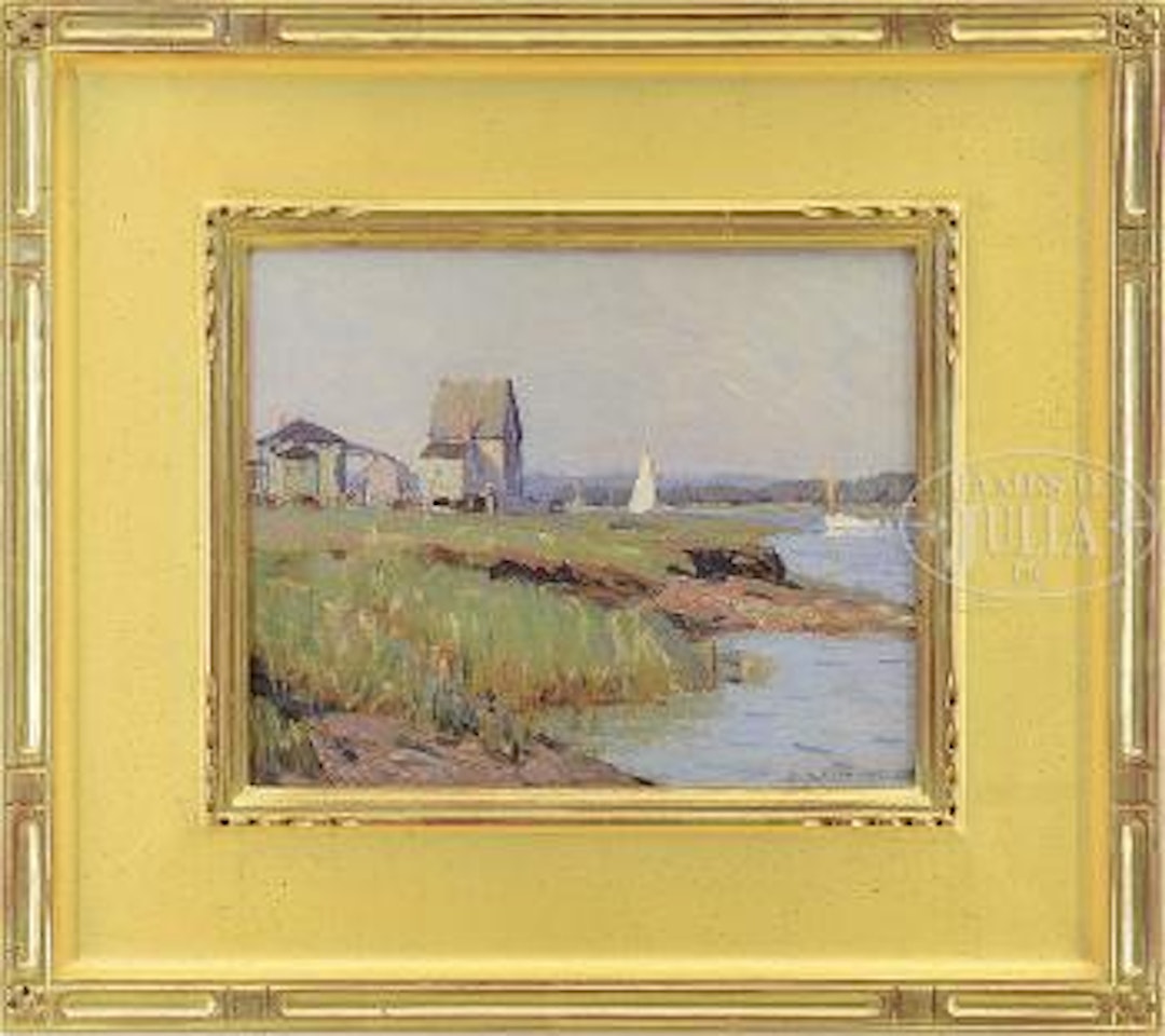 Coastal shoreline view with boats and buildings by Aldro Thompson Hibbard