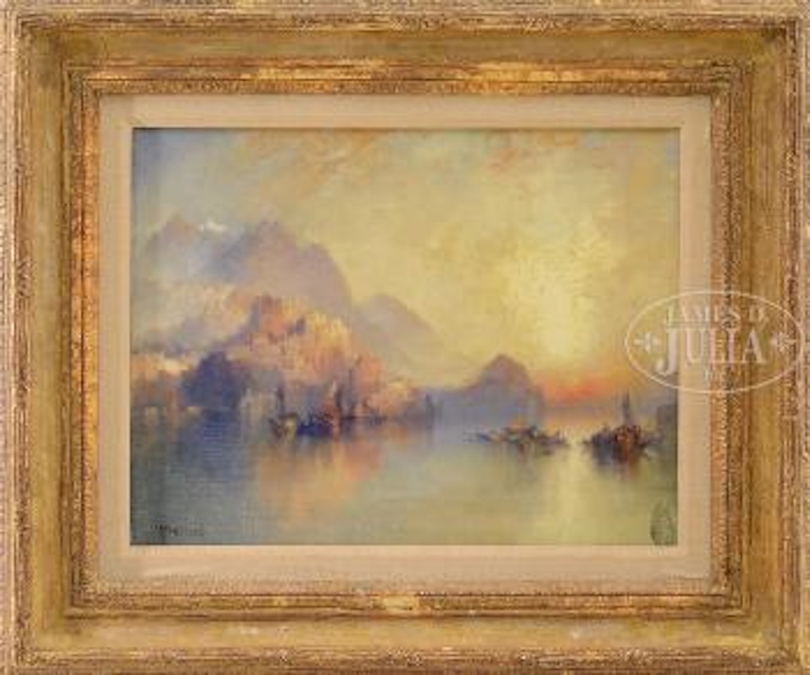 A hillside village at sunset by Thomas Moran