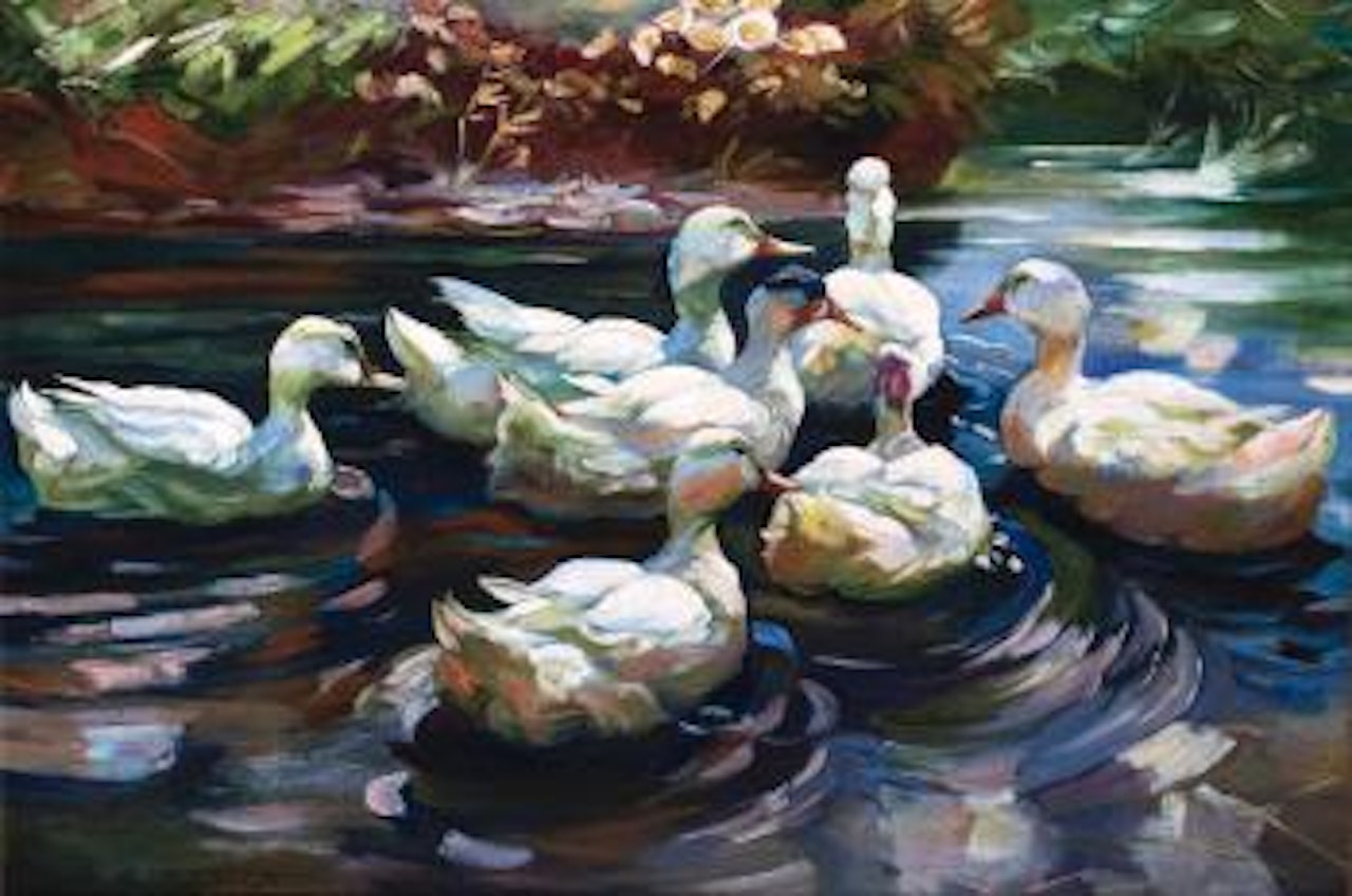 Sieben Enten im Schilfwasser by Alexander Koester