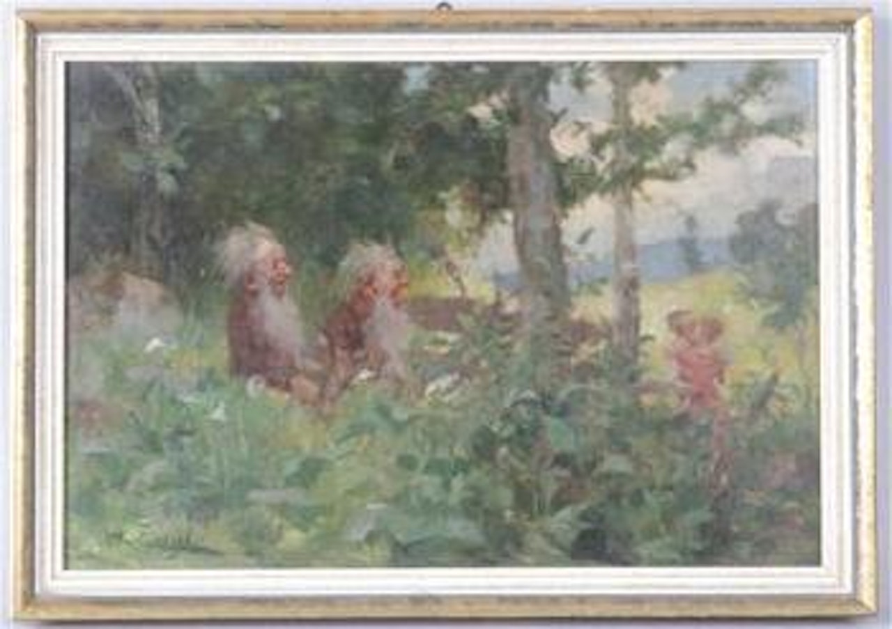 Zwerge beobachten ein küssendes Paar by Hugo Engl