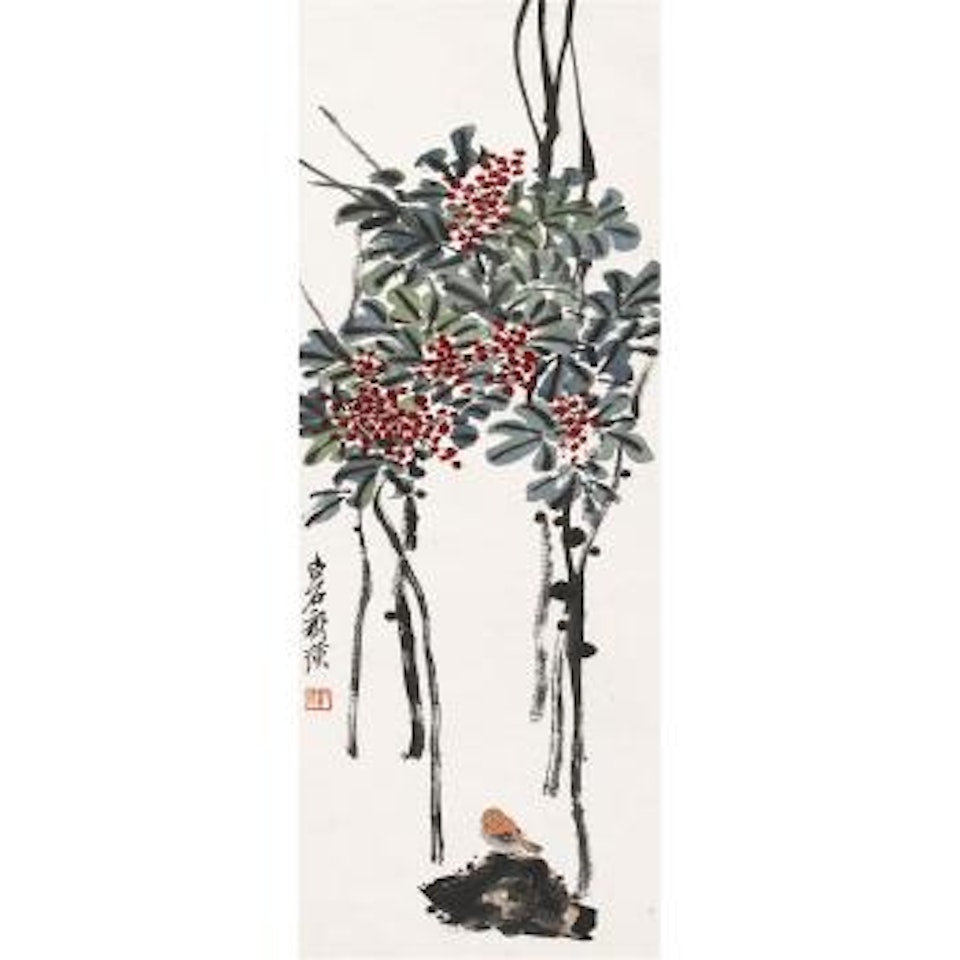 Sparrow beneath red berry bush by Qi Baishi