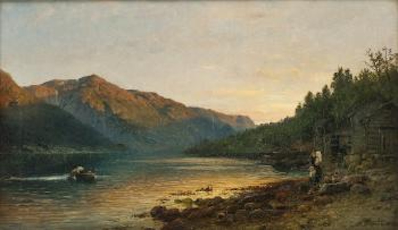 Fjordlandskap med folkeliv by Anders Monsen Askevold