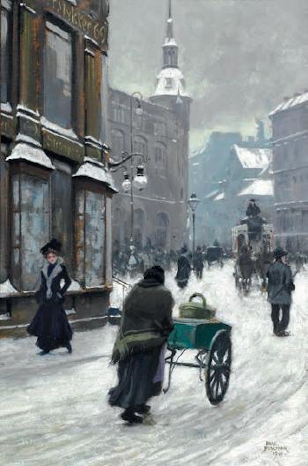 Winter day at Kultorvet, an elegant lady passing by a woman with a handcart by Paul Fischer