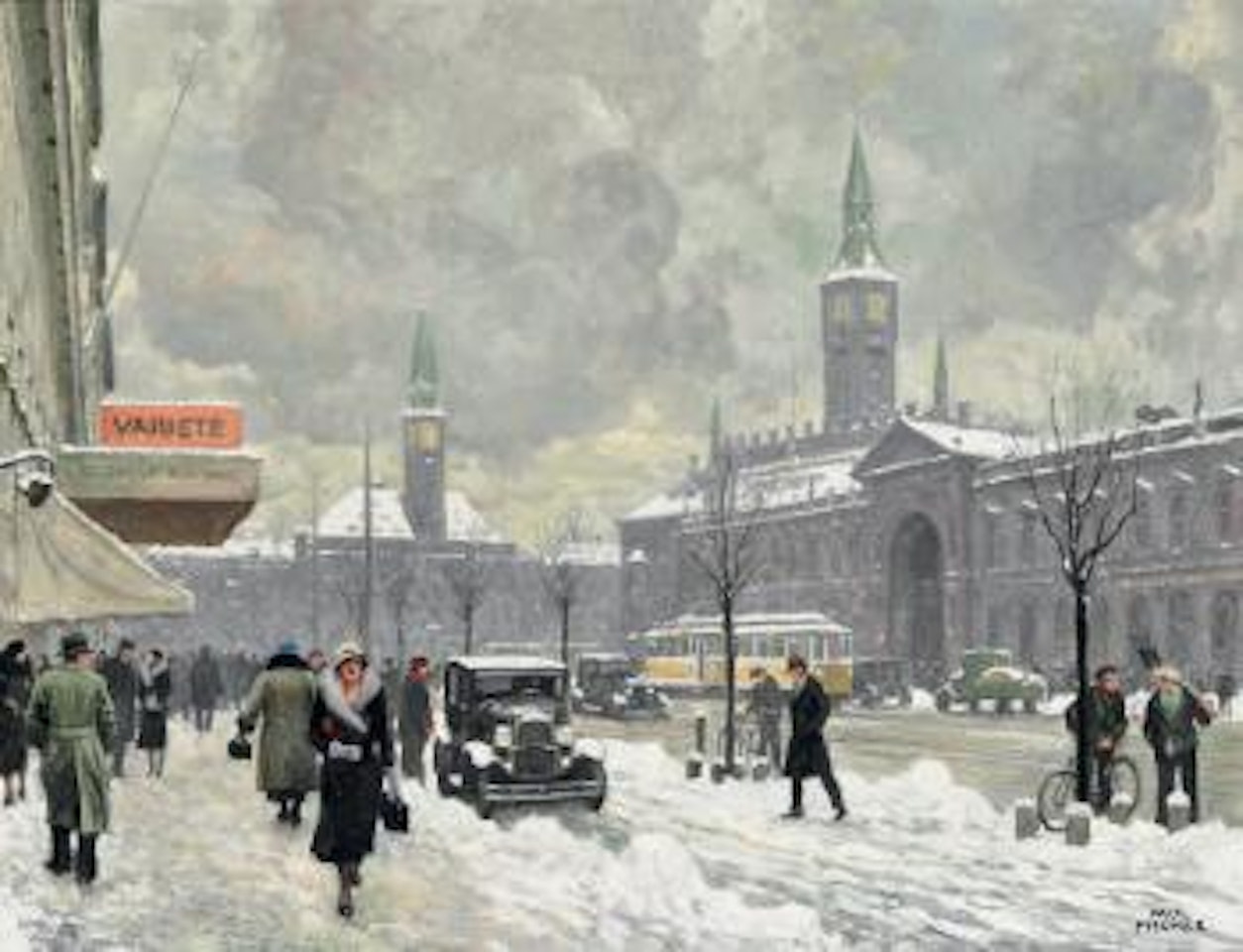 A busy winter day in Vesterbrogade at the old 'Industriens Hus' (House of Industry) seen towards the Town Hall Square in Copenhagen by Paul Fischer