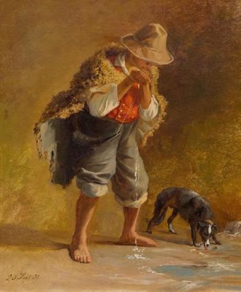 Shepherd with herding dog at a well by Robert Zünd
