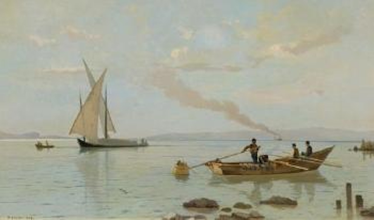 Genfersee mit Ruder- und Segelboot. (Lake Geneva with rowing and sailboats.) by François Bocion