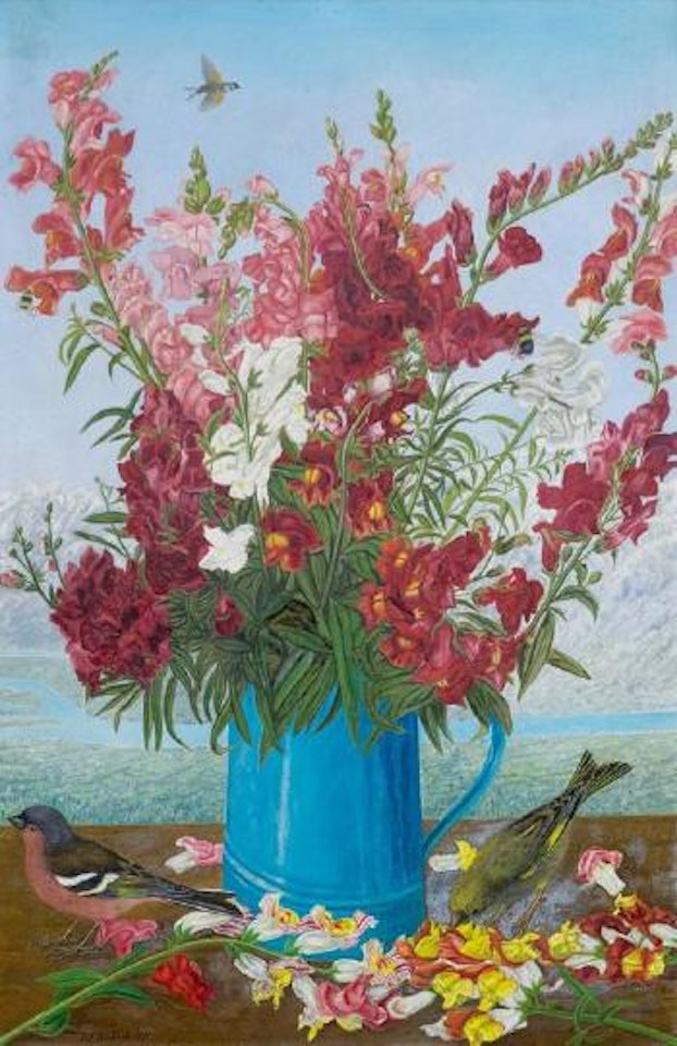 Bouquet of snapdragons in a metal jug by Adolf Dietrich