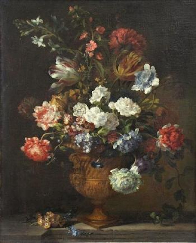 Still Life, Parrot tulips, chrysanthemums, primroses, morning glory and other flowers in a sculpted urn on a stone ledge by Jean Baptiste Monnoyer