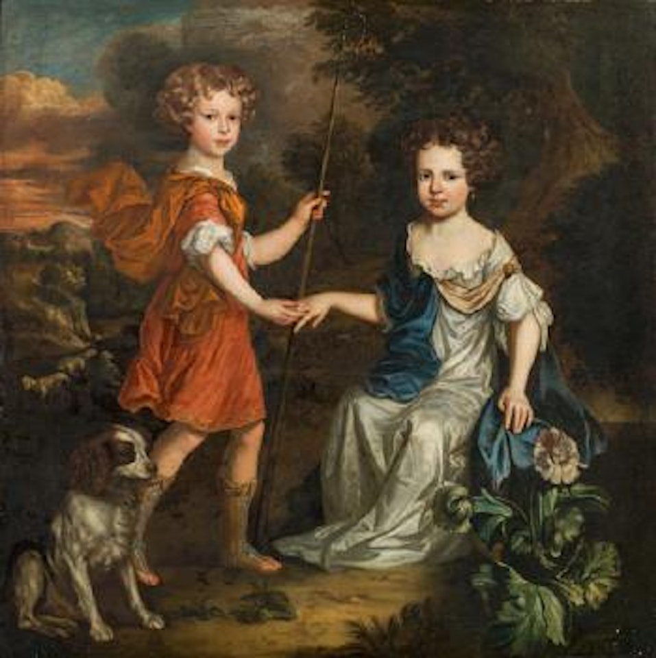 Two children in a landscape by English School