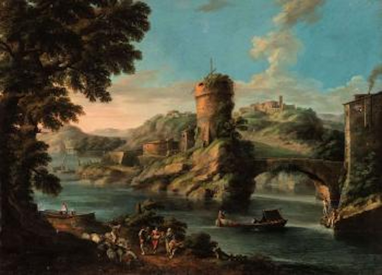 Paesaggio della Campagna Romana, con il Mausoleo Tivoli Plautii e pastori by Roman School
