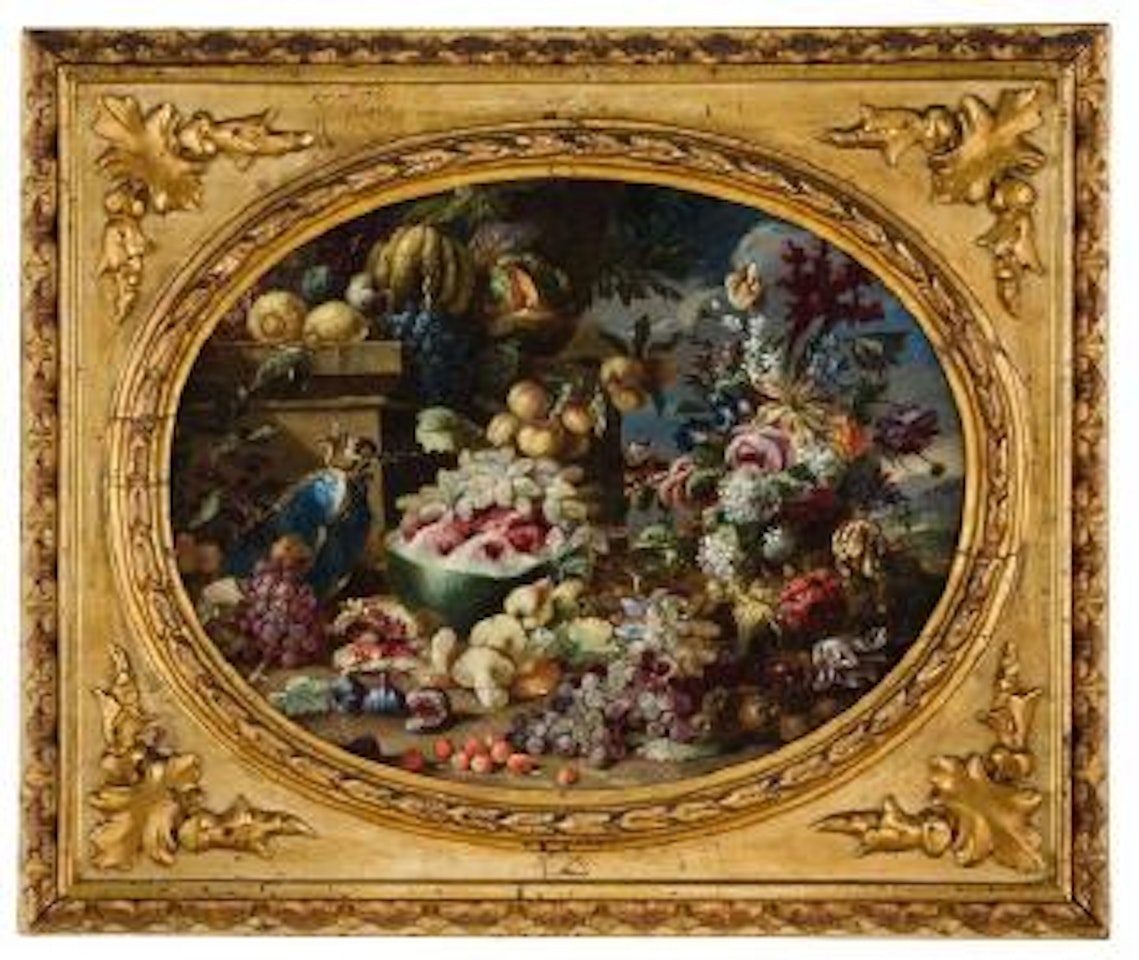 Natura morta con grappoli d'uva, funghi, pesche, fiori e coppa in lapislazzulo by Roman School