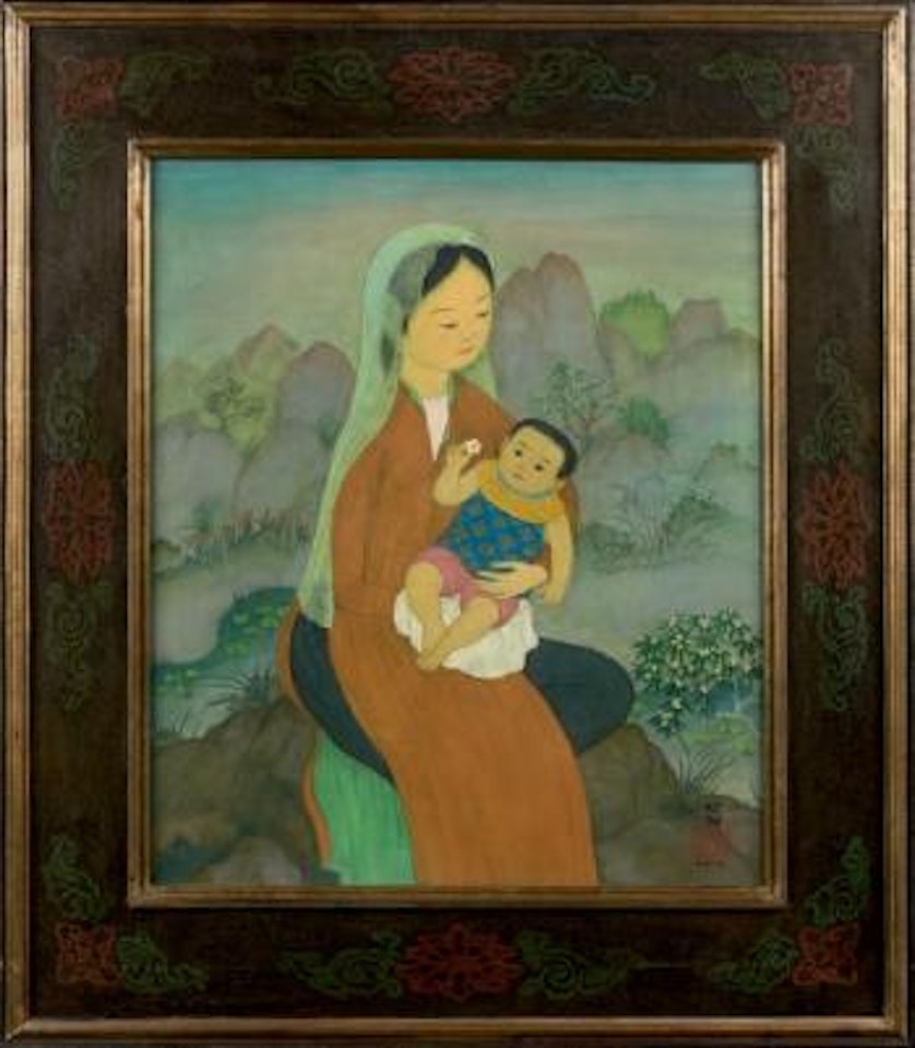 Femme et enfant dans un jardin fleuri by Mai Trung Thu