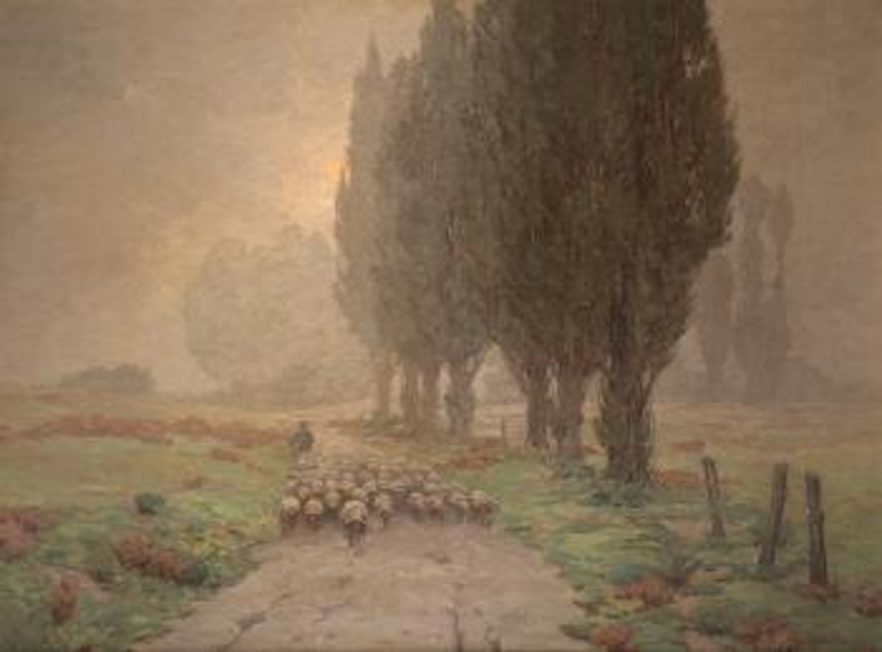 Going Home, shepherd with his flock in an atmospheric landscape by Granville Redmond