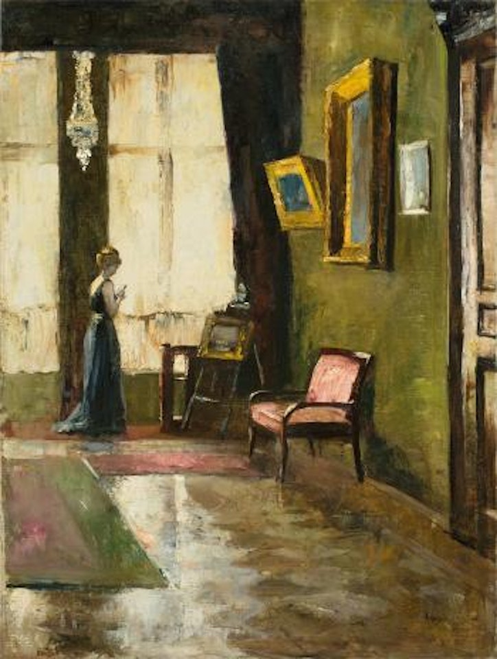 Dame am Fenster vor Staffelei by Lesser Ury