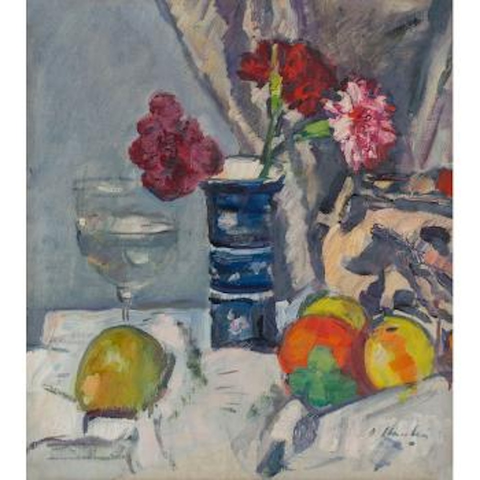 A Still Life Of Roses And Fruit by George Leslie Hunter