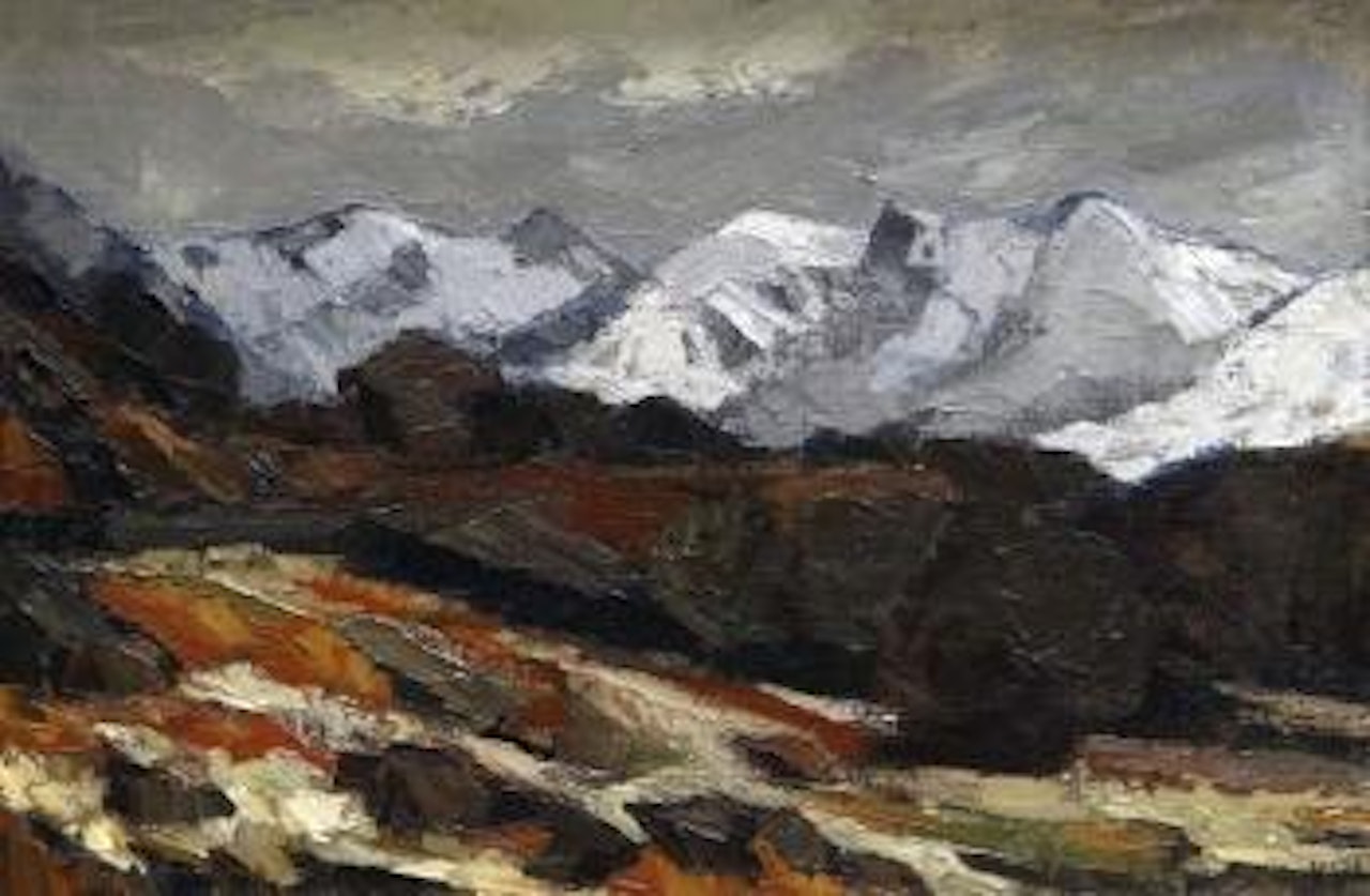 Mountain range with snow-capped peaks by Kyffin Williams