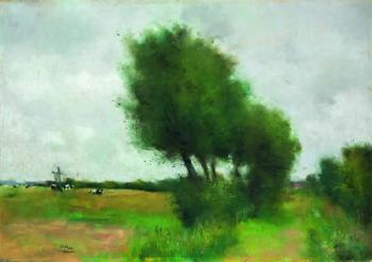 Landscape with big trees and grazing cows by Lesser Ury