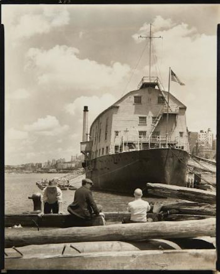 Changing New-York, USS Illinois and Wharf: Armory for Naval Reserves, West 135th Street Pier by Berenice Abbott