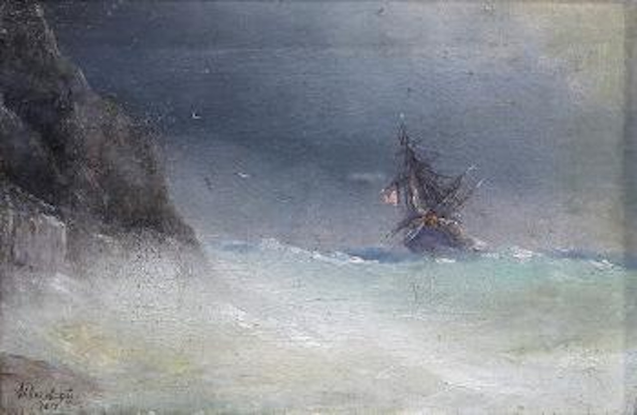Sailing ship, storm off rocky coast by Ivan Konstantinovich Aivazovsky