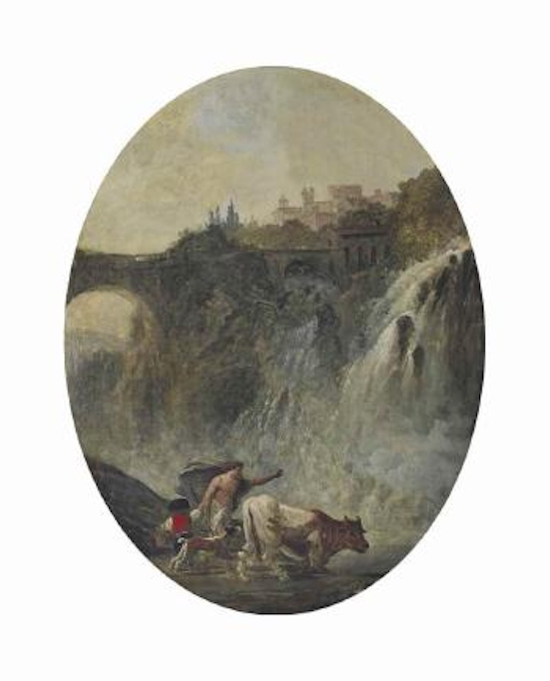 Pâtres et vaches près de chutes d'eau by Hubert Robert
