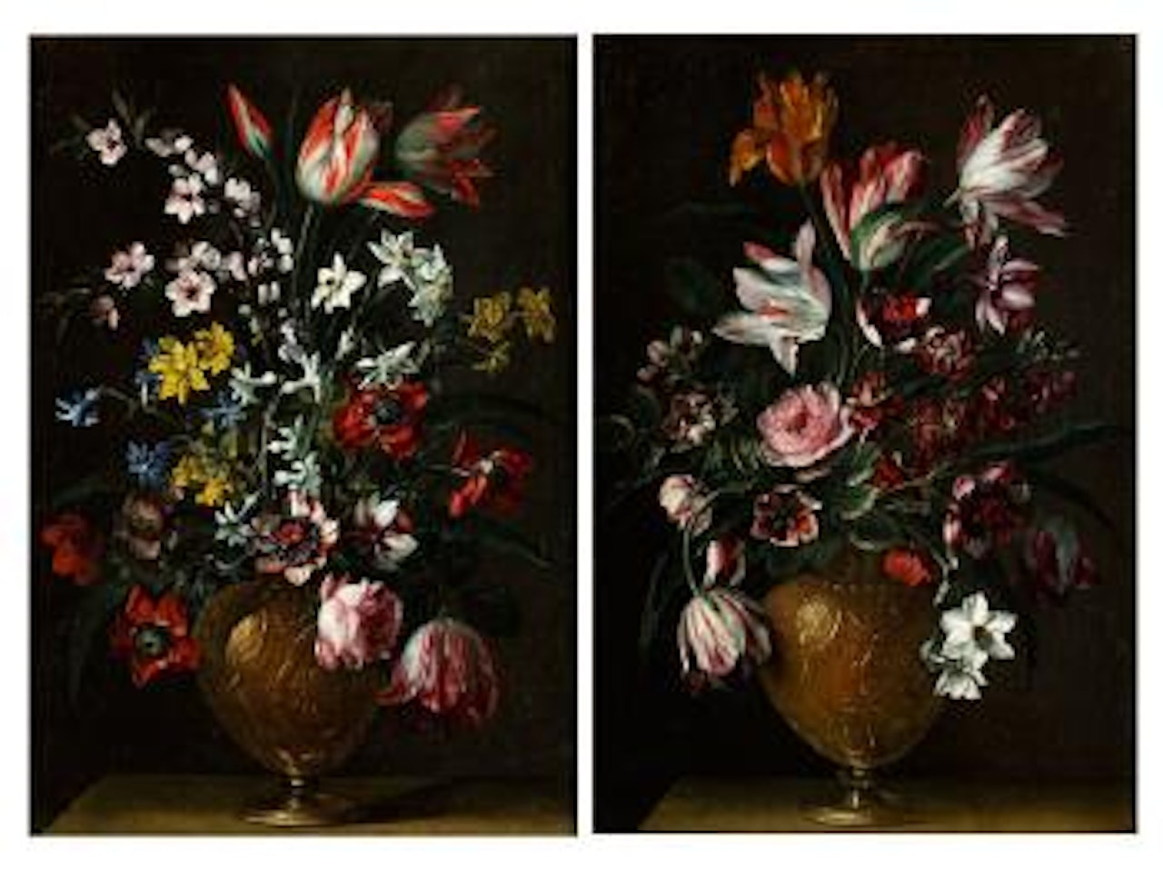 Zwei Stilleben Mit Blumenbouquets In Metallenen Vasen by Pier Francesco Cittadini
