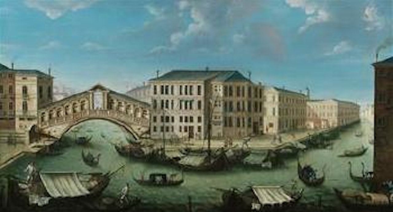 View of Rialto Bridge in Venice from the north by Venetian School
