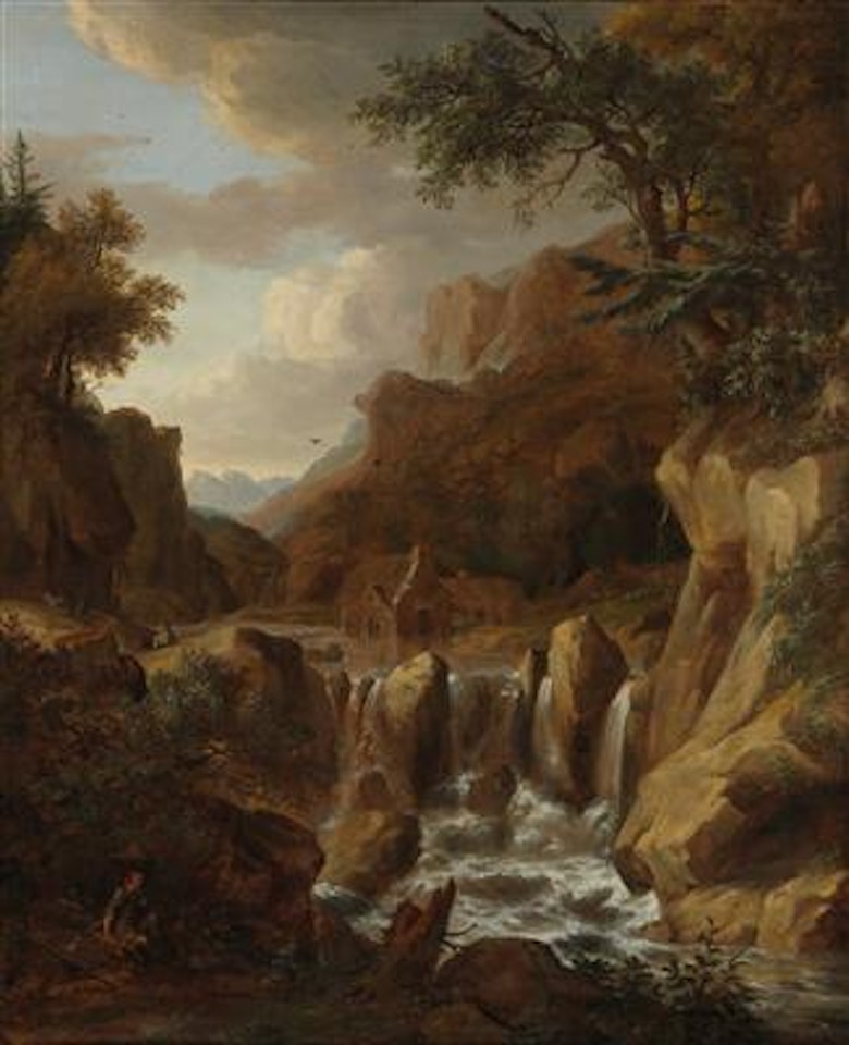 Norwegian mountain landscape with a waterfall by German School