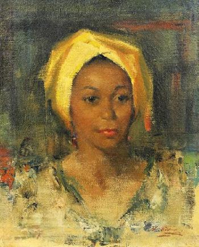 Portrait of a woman with yellow head wrap by Nicolai Fechin